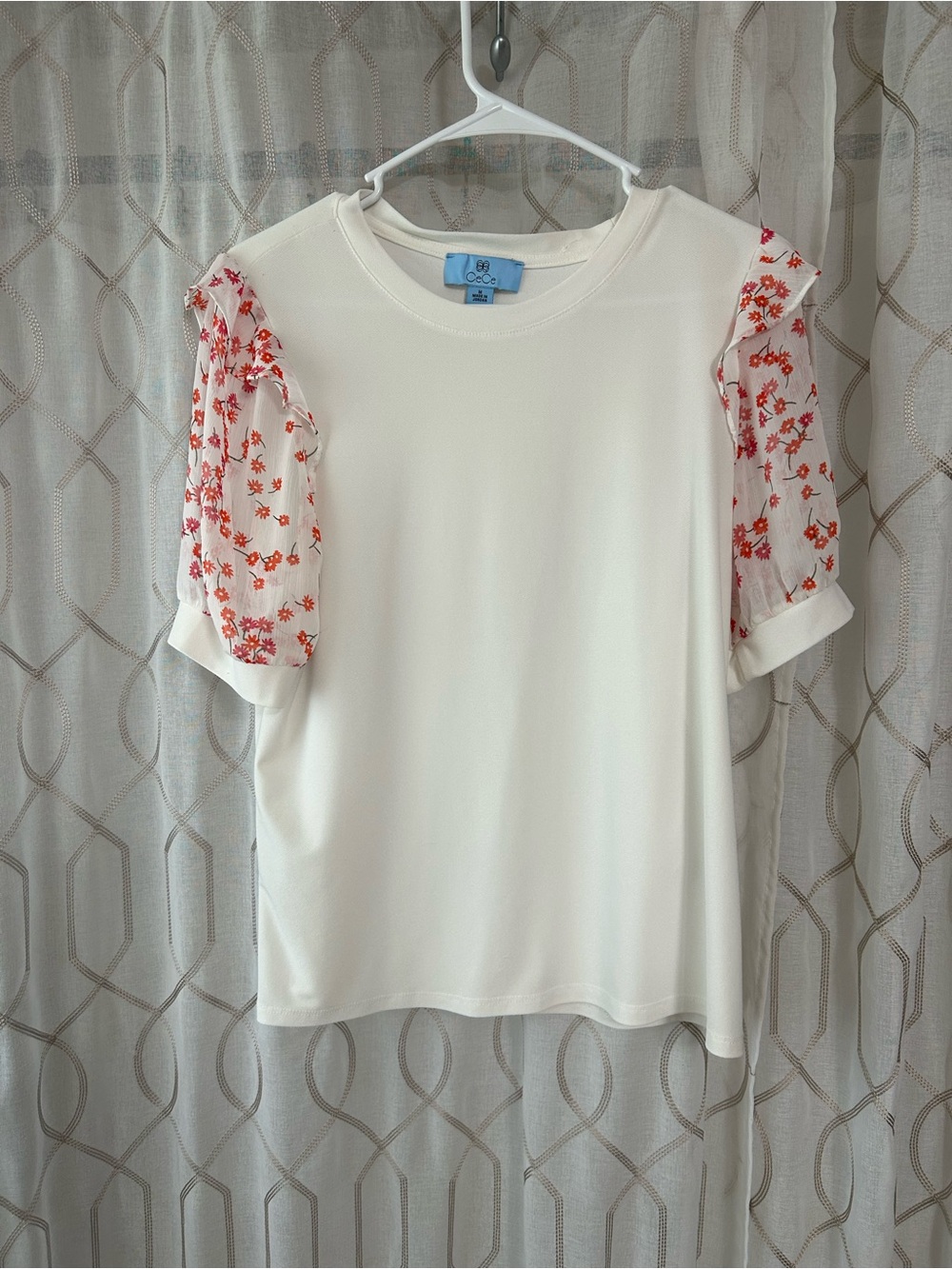 C.C White Tee with Red Floral Puff Sleeves